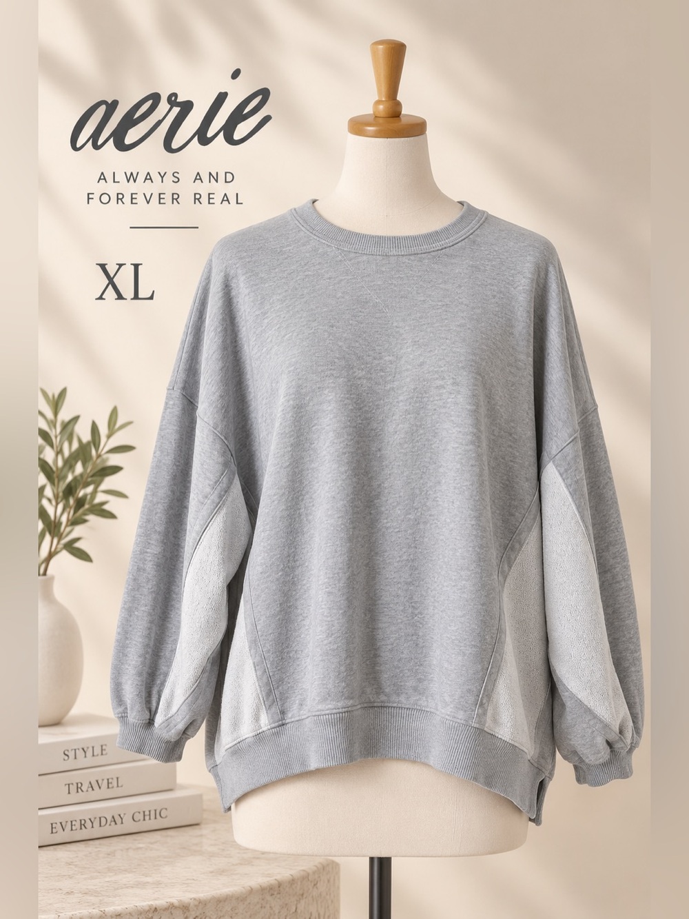 Aerie Always and Forever Real Oversized Gray Crewneck Sweatshirt XL